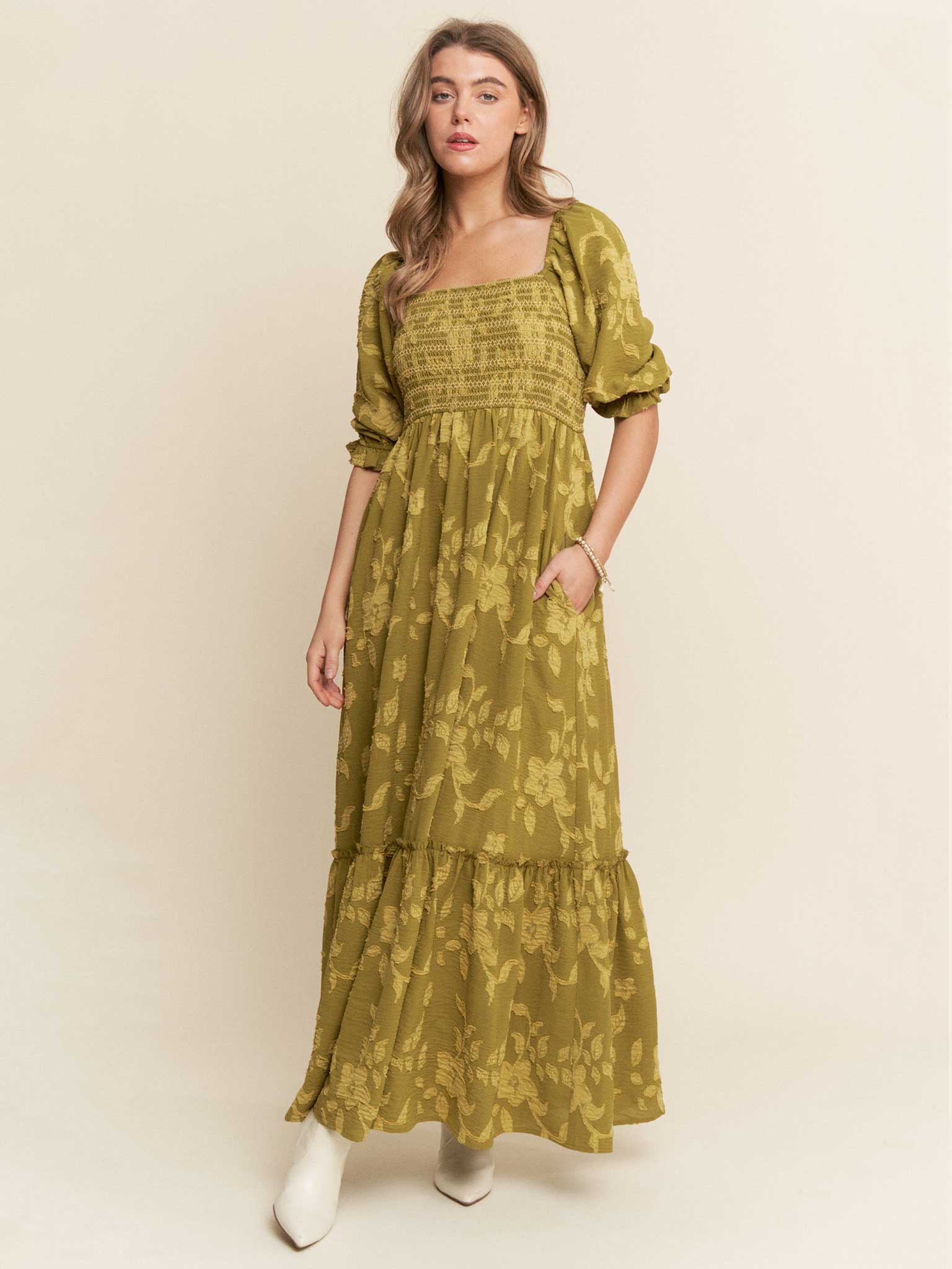 Smocked Floral Olive Green Maxi Dress by J.nna S Smocked Floral Olive Green Maxi Dress by J.nna S
