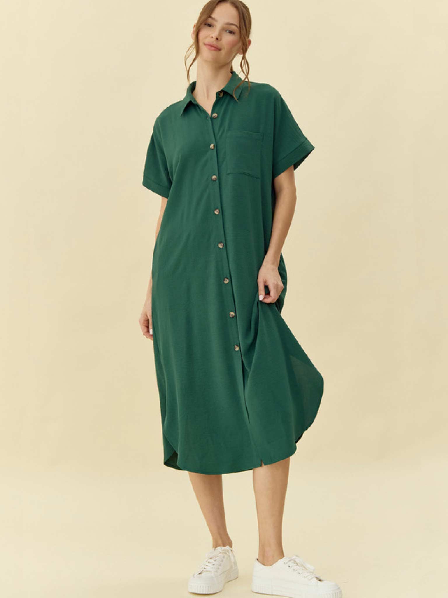 Button Up Midi Shirt Dress by Jodifl Hunter Green / S