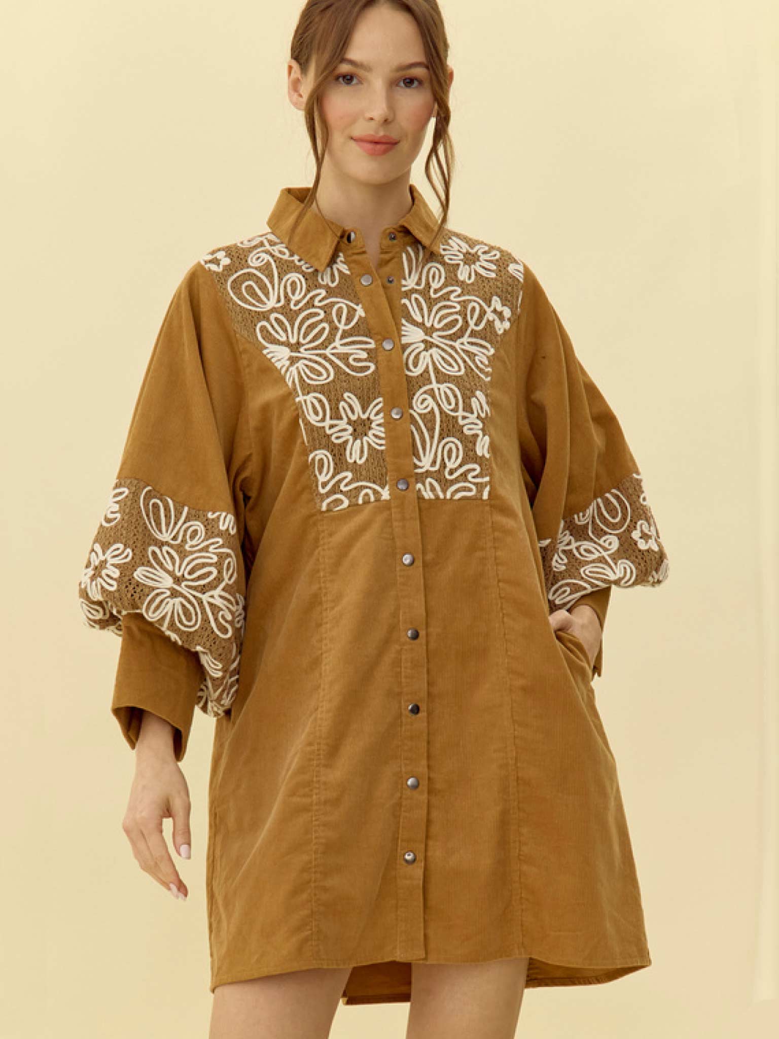 Embroidered Corduroy Dress | Jodifl | Southern Style Camel / M Embroidered Corduroy Dress | Jodifl | Southern Style Camel / M