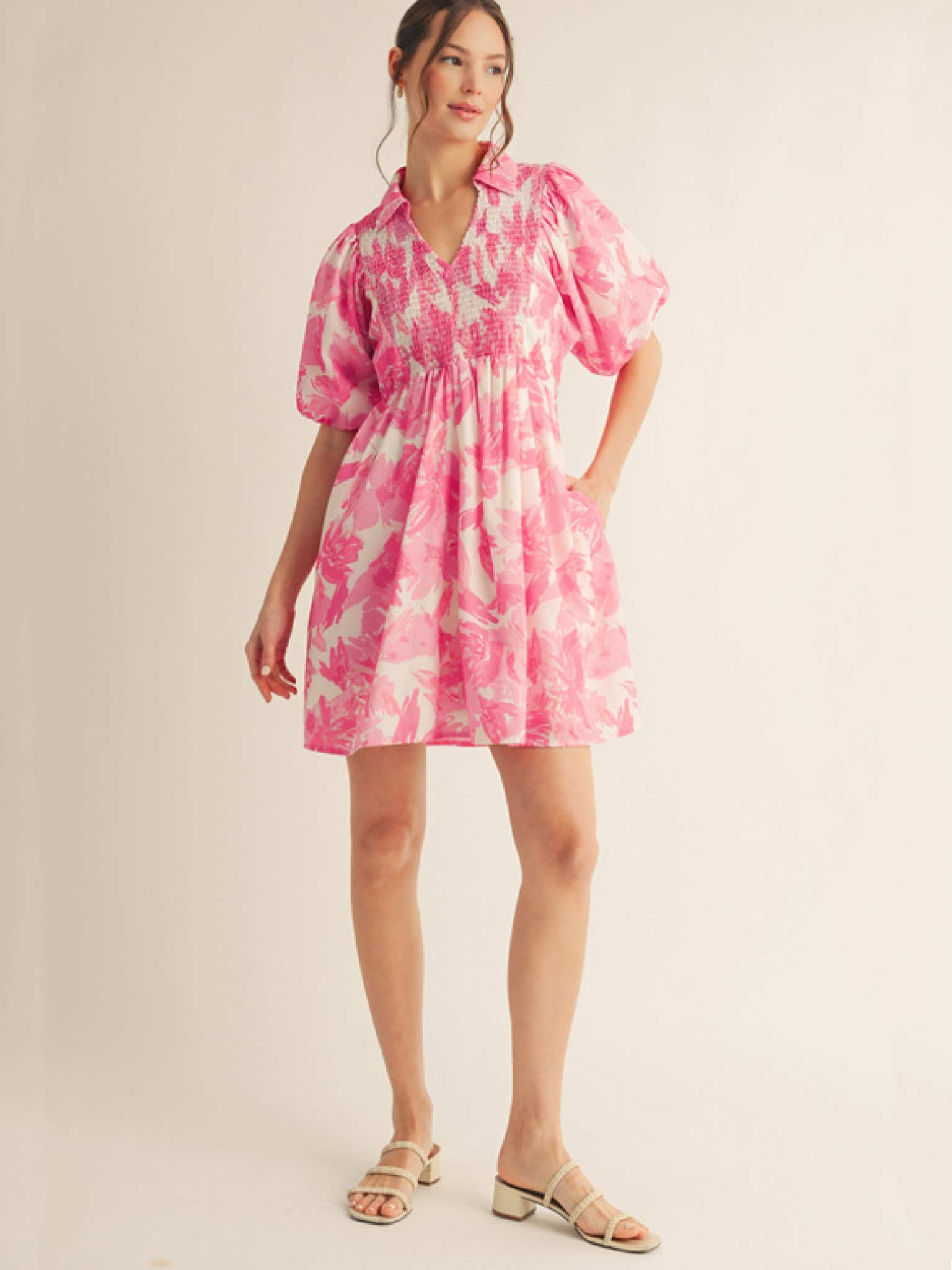 jodifl pink dress Jodifl Puff Sleeve Striped Midi Dress with Embroidery Details jfybrand