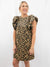 leopard dress with large puff sleeves on model from front