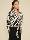 Lucy Paris Rue Button Down black and white top on model from front