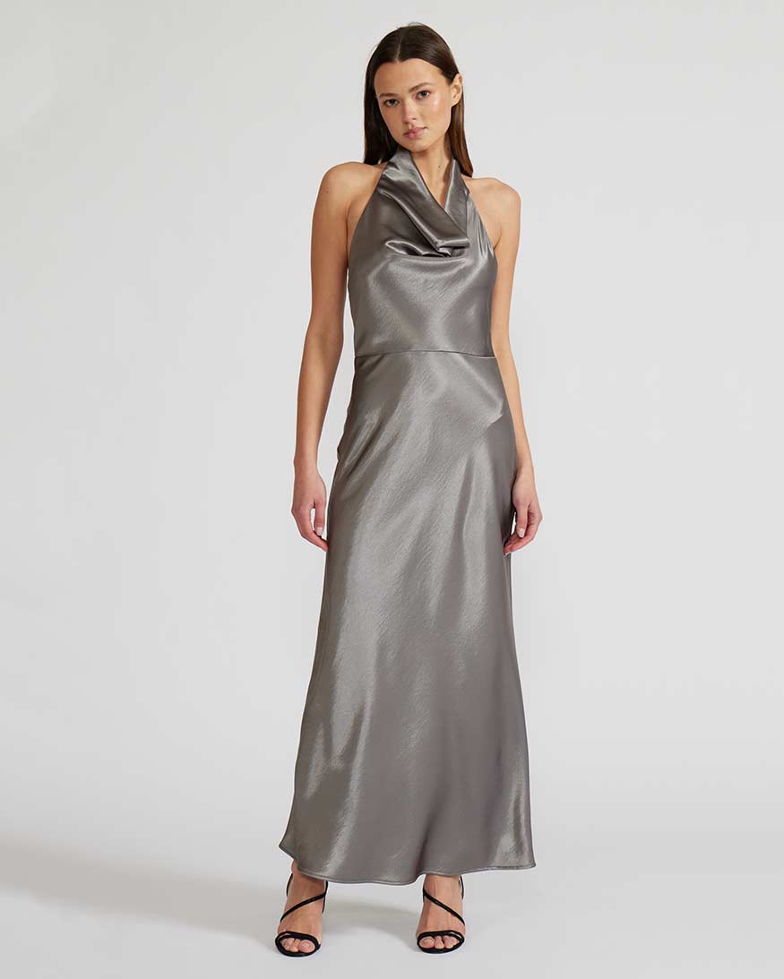 Debbie Halter Dress in Pewter – Metallic Maxi by Lucy Paris L