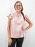 pink sued ruffle sleeve top on model from front