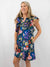 navy floral button up dress on model from front