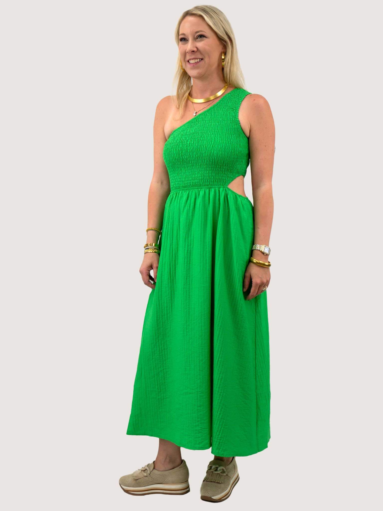 Cutout One Shoulder Green Maxi Dress L