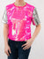 silver and fuchsia sequin top on model