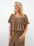mocha square neck pleated top on model from side