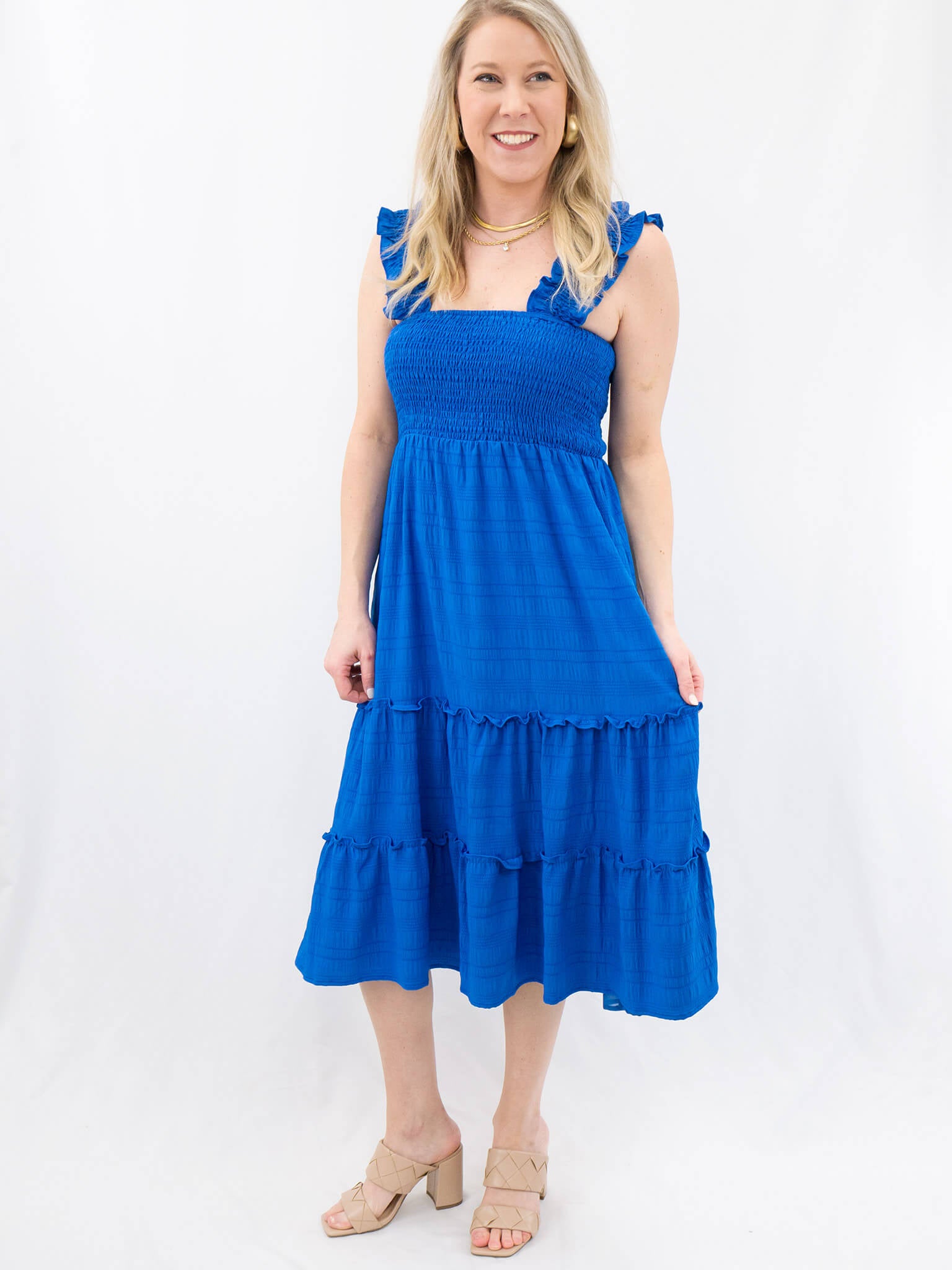 Royal Smocked Square Neck Ruffle Strap Tiered Midi Dress Small
