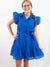 blue block print dress on model from front