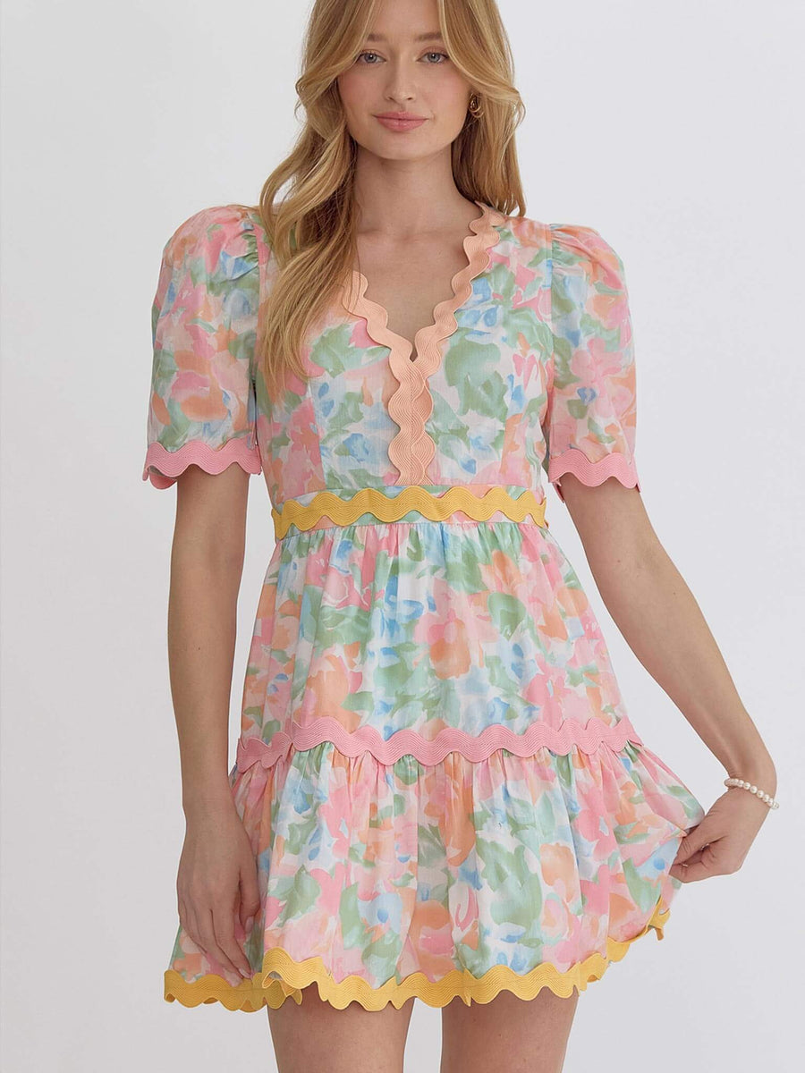 Entro Floral Pink and Peach Ric Rac Trim Dress – Casual Camel Boutique