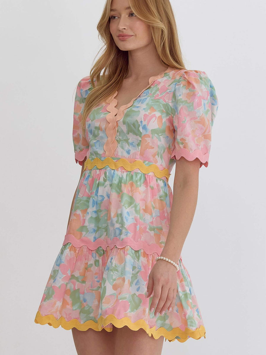 Peach Coloured Ric Rac Entro Floral Pink and Peach Ric Rac Trim Dress – Casual Camel Boutique