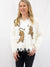 white frayed hem sequin tiger sweater on model