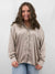 taupe satin oversized button up shirt on model