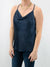 navy silk tank on model from front