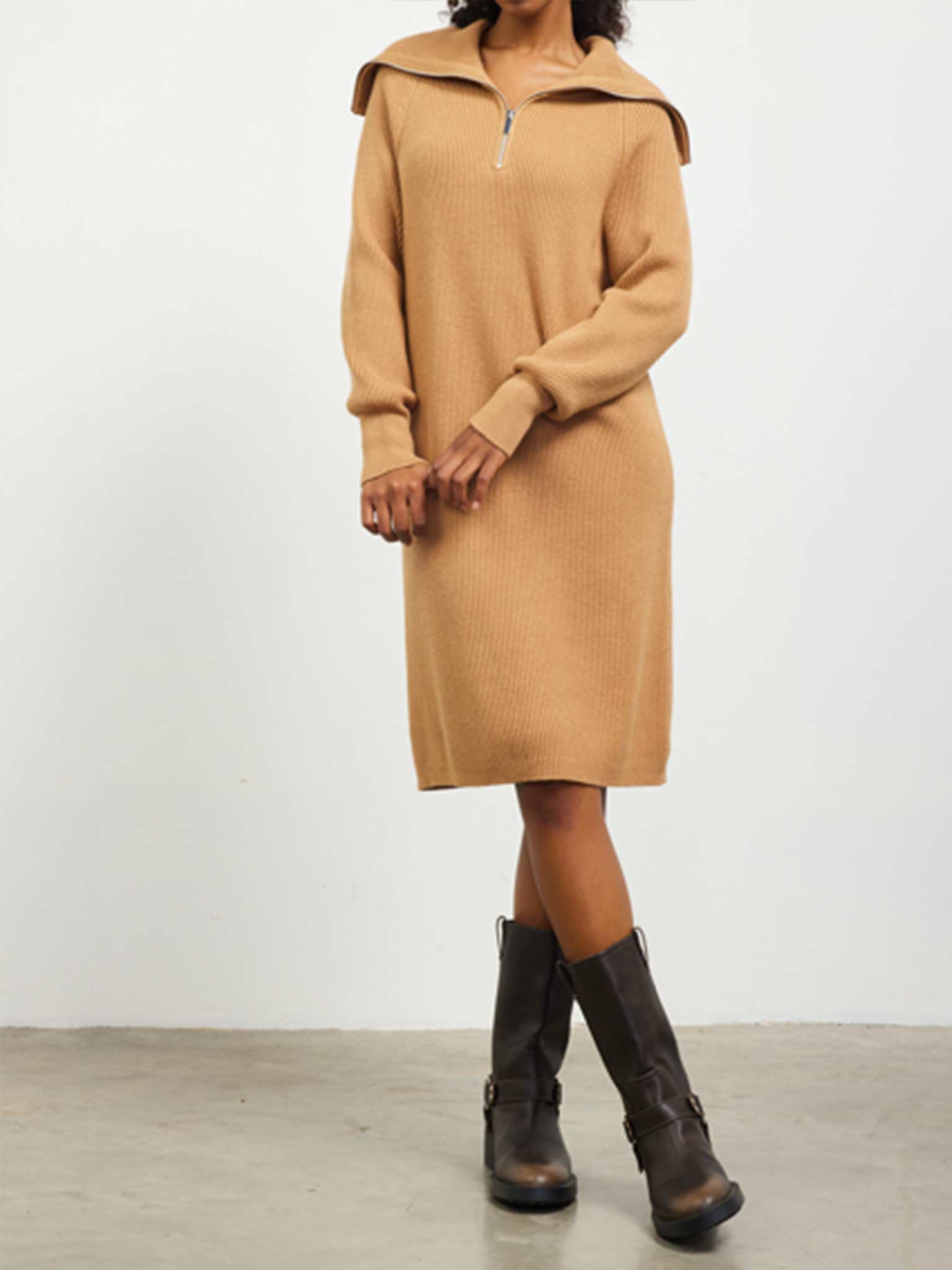 Zip-Up Mock Neck Sweater Dress by Skies are Blue Camel / XS Zip-Up Mock Neck Sweater Dress by Skies are Blue Camel / XS