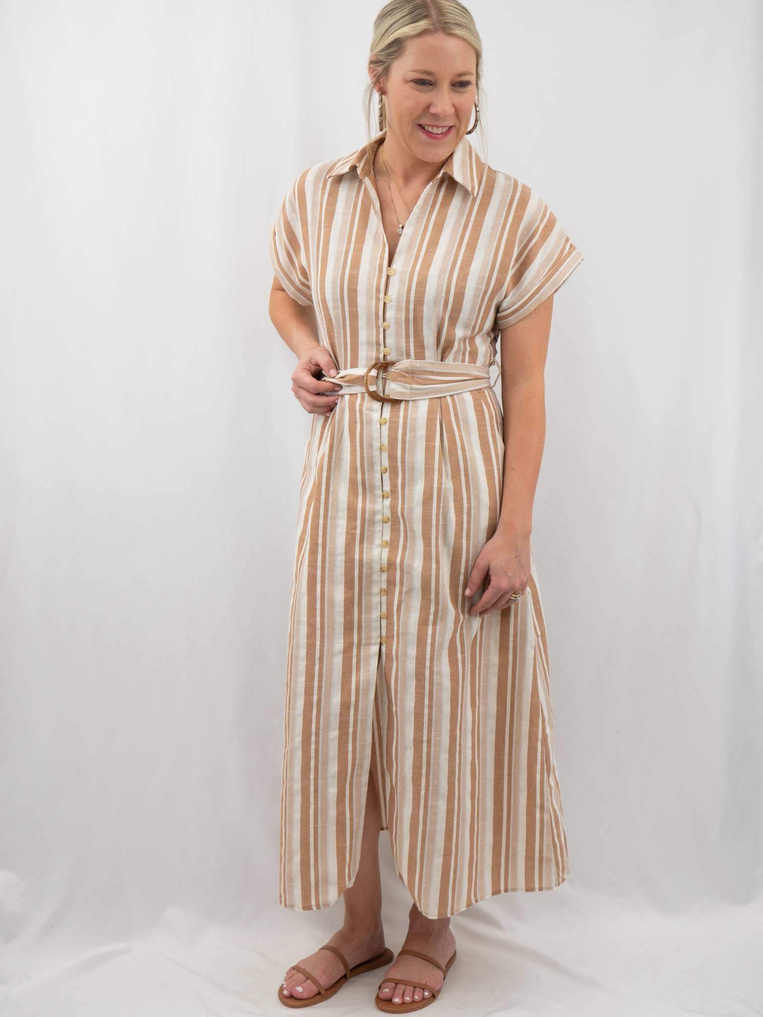 Terracotta Striped Linen Belted Shirt Dress S