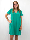 v-neck shift dress on model in green from front