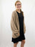 taupe draped open style cardigan on model