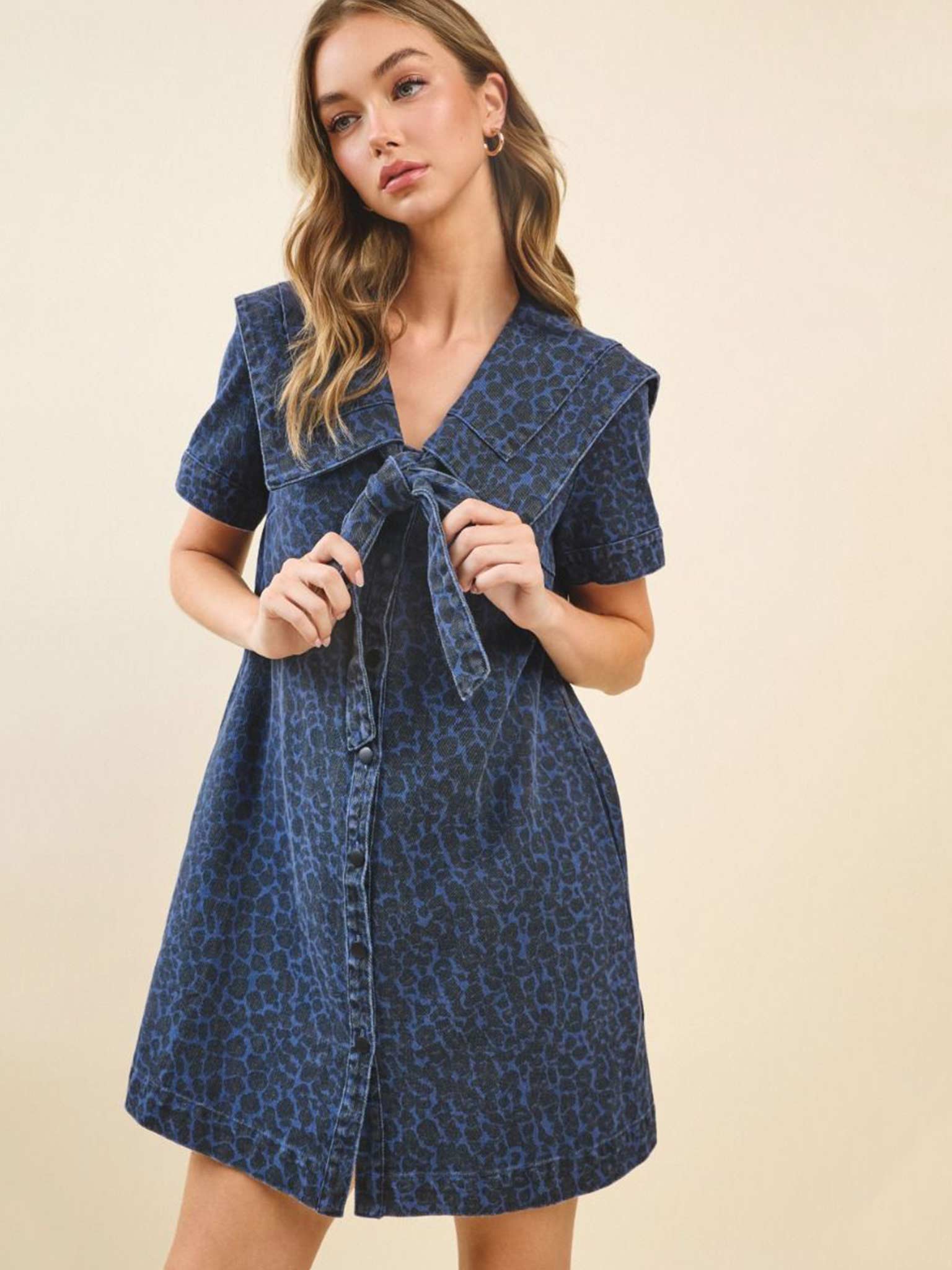 royal blue denim dress Royal Blue Leopard Denim Mini Dress with Sailor Collar L