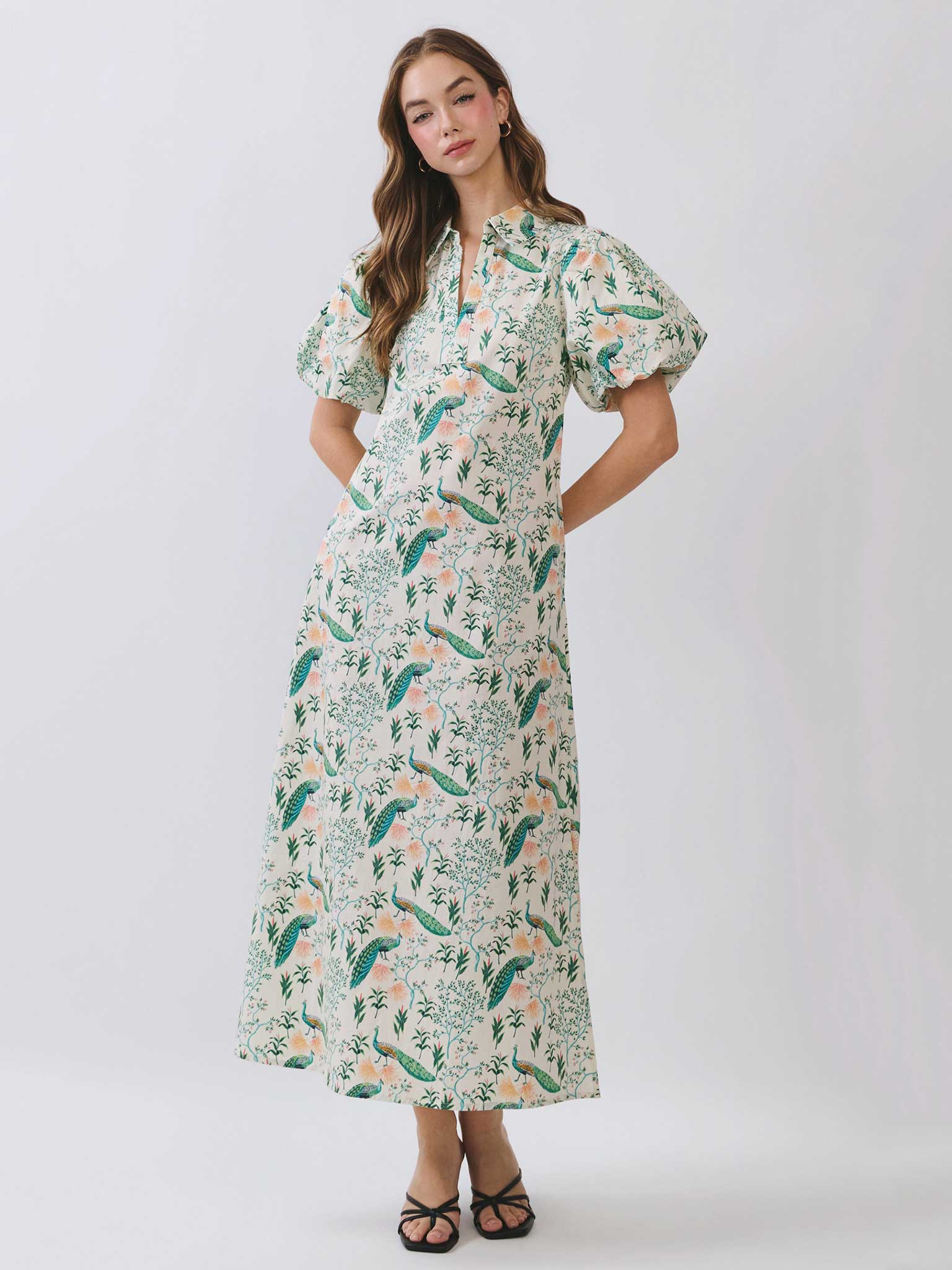 Peacock Botanical Print Cotton Midi Dress with Puff Sleeves by TCEC –  Casual Camel Boutique