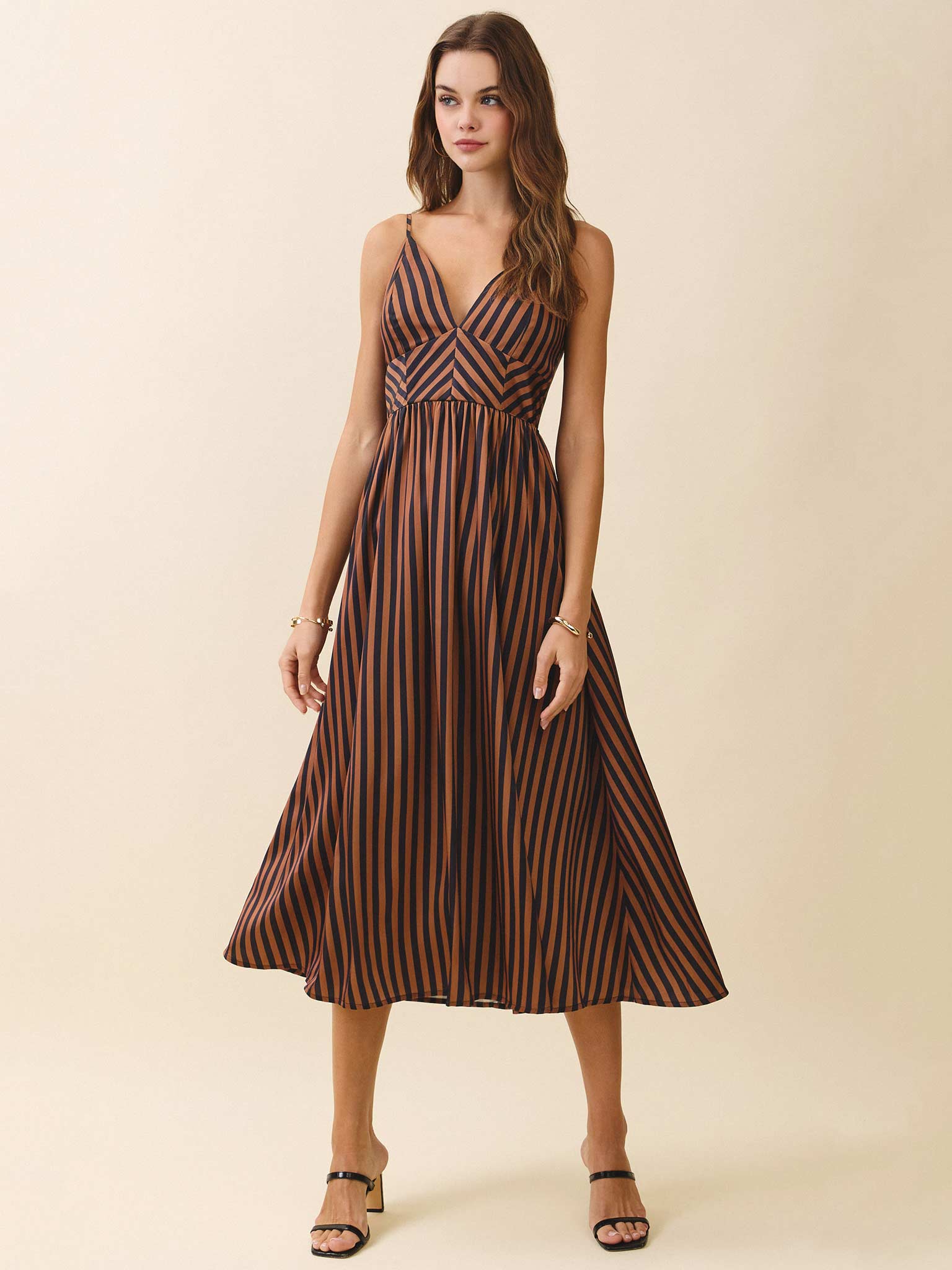 Brown Striped Midi Dress for Women | Chevron Bodice