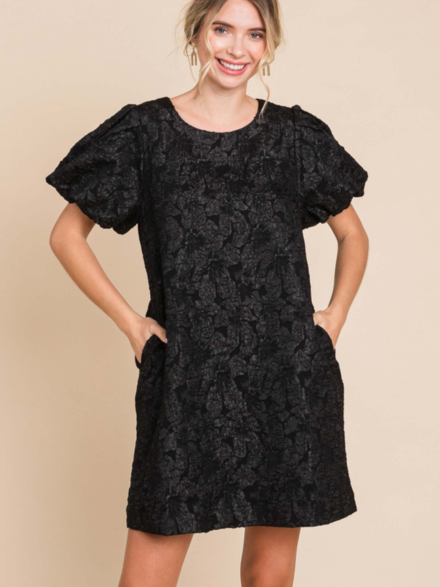 Jodifl Jacquard Puff Sleeve Mini Dress Black / S