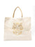 oversized jute tote with gold tiger face from front
