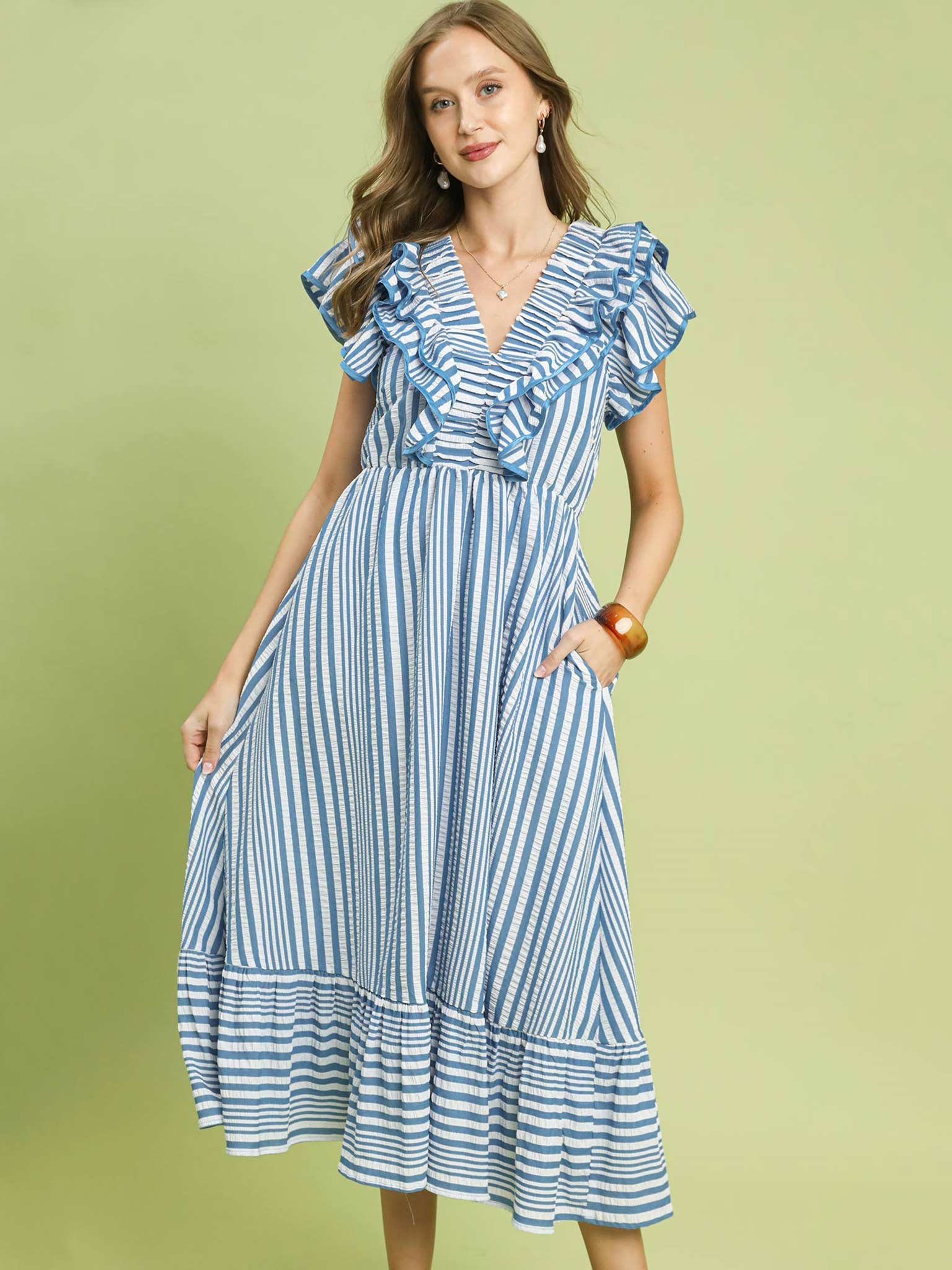 blue and white striped ruffle dress Umgee Baby Midi Medium Nine West Asken Cowboy The ruffled neck adds Price_$0.01 -- $20.00 Color:White Feather