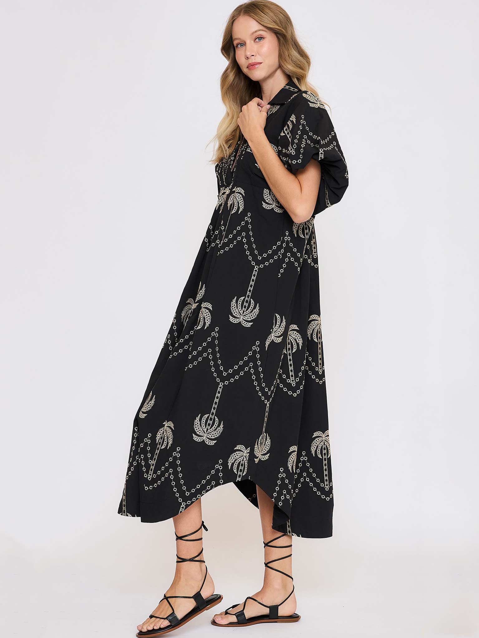 UmGee Black Embroidered Puff Sleeve Midi Dress – Cotton High Low Hem Dress L