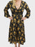 black and gold flower midi dress with lace details at neck