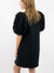 black dress with 3d floral puff sleeves from back