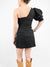 black puff sleeve pleated dress from back