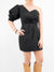 black puff sleeve pleated dress from front