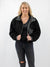 black fleece jacket with leather collar 