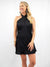 silky black cocktail dress with criss-cross front 