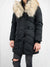 black puffer jacket with fur hood from front