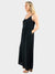 wide leg black jumpsuit from side with pockets.