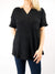 waffle knit top in black with pocket and small v neck front view