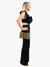 denim ruffle jumpsuit in black side view of cutouts