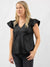 faux leather ruffle sleeve top in black on model