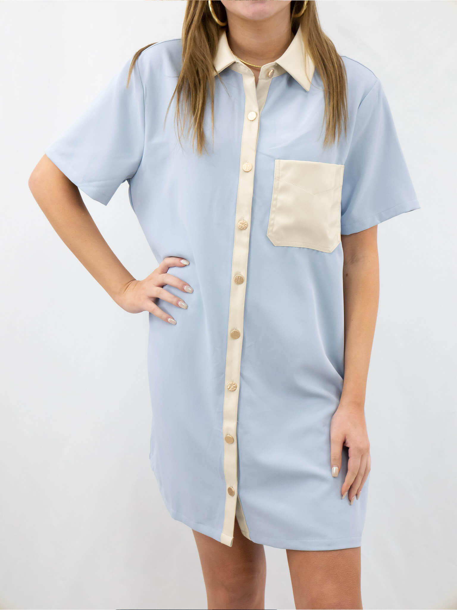 Entro Light Blue Leather Detail Button Up Dress M