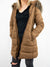 brown puffer jacket with fur hood from the front