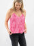 pink fringe tank top on model from front