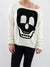white sweater with skull on front off the shoulder
