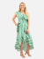 green brush stroke wrap dress from front with braided heel