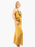 Lightly striped mustard strapless jumpsuit with self tying sash.