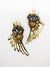 Gold sequin half wing shaped earrings with topaz and smoke crystal details
