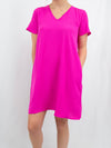 Hot pink v-neck shift dress from front