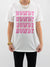 white tee with howdy written in pink on model